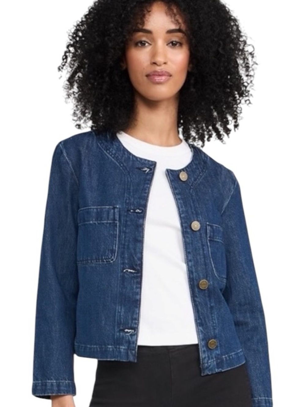 FRAME Collarless Denim Jacket Dark Wash Gold Button Patch Pocket Medium